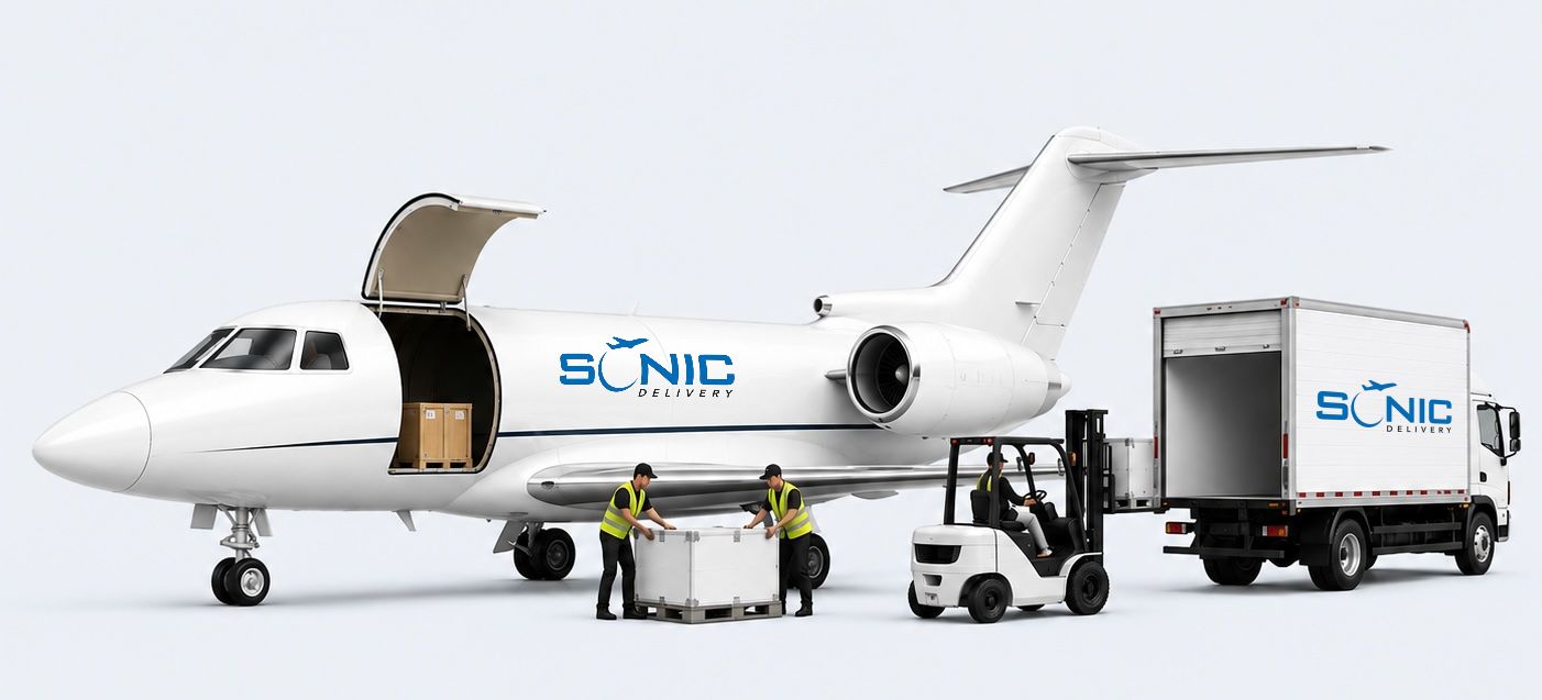 Sonic Delivery aircraft unloading cargo to ground transport